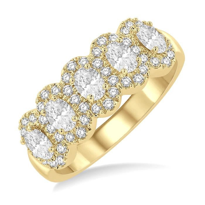 1 Ctw Oval Shape 5 Stone Oval & Round Cut Diamond Halo Wedding Band in 14K Yellow Gold