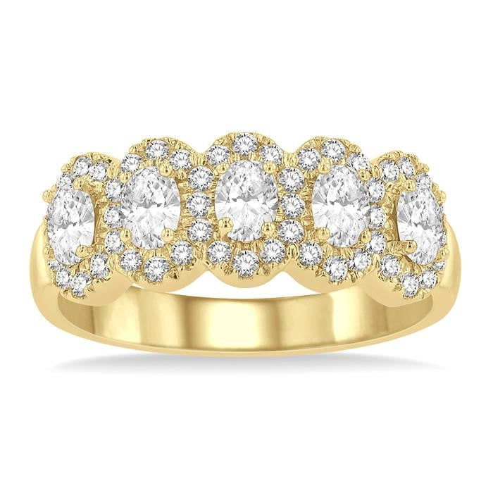 1 Ctw Oval Shape 5 Stone Oval & Round Cut Diamond Halo Wedding Band in 14K Yellow Gold