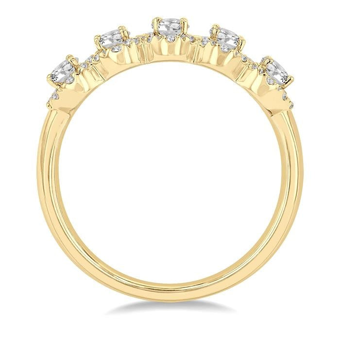 1 Ctw Oval Shape 5 Stone Oval & Round Cut Diamond Halo Wedding Band in 14K Yellow Gold
