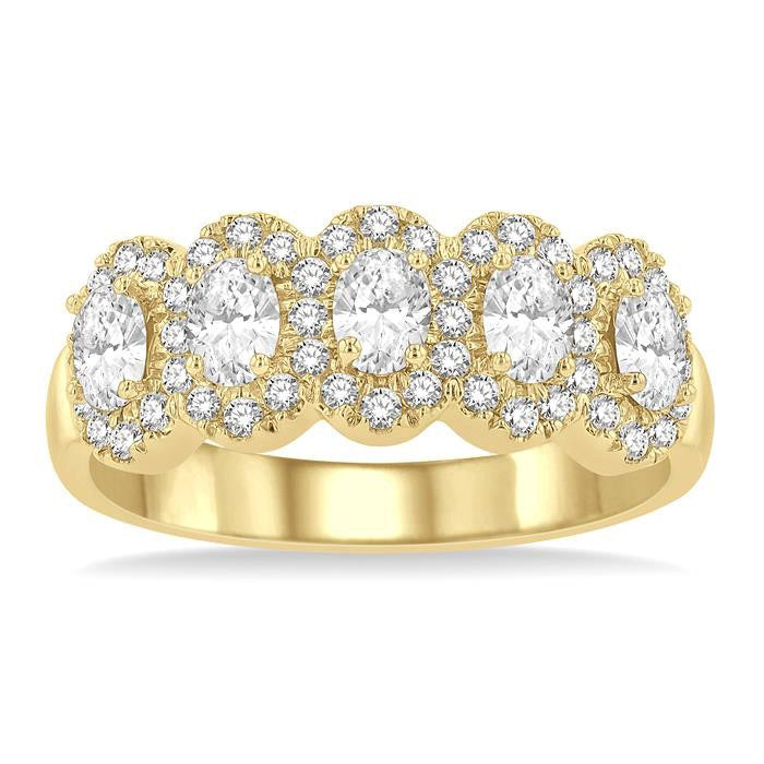 Oval Shape 5 Stone Halo Half Eternity Diamond Wedding Band