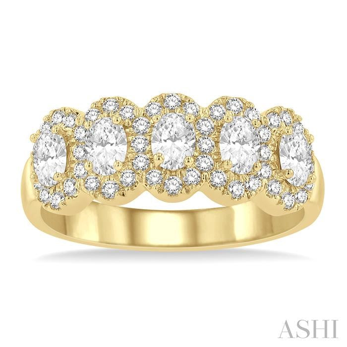 1 Ctw Oval Shape 5 Stone Oval & Round Cut Diamond Halo Wedding Band in 14K Yellow Gold
