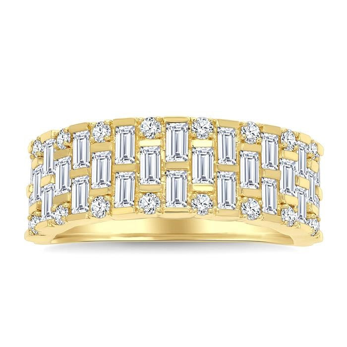 1 1/10 Ctw Grid Pattern Baguette and Round Cut Diamond Fashion Band in 14K Yellow Gold