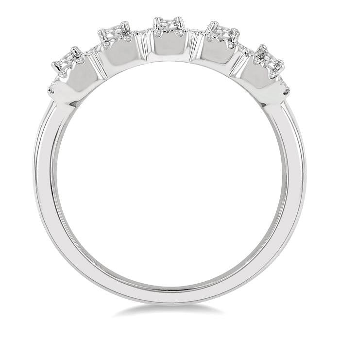 1 Ctw Emerald Shape 5 Stone Emerald & Round Cut Diamond Halo Wedding Band in 14K White Gold