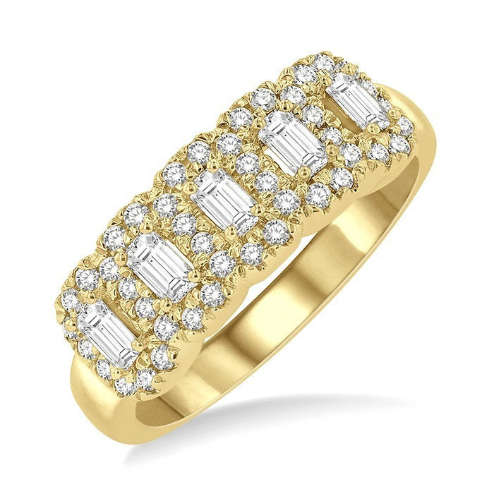 1 Ctw Emerald Shape 5 Stone Emerald & Round Cut Diamond Halo Wedding Band in 14K Yellow Gold