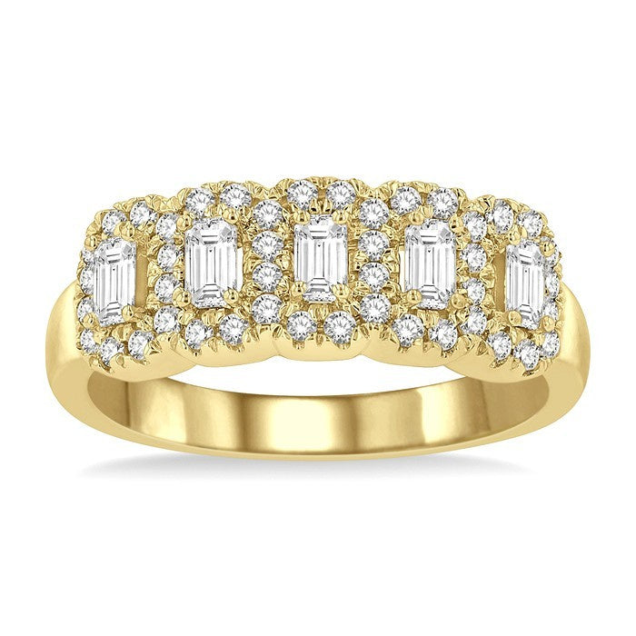 1 Ctw Emerald Shape 5 Stone Emerald & Round Cut Diamond Halo Wedding Band in 14K Yellow Gold