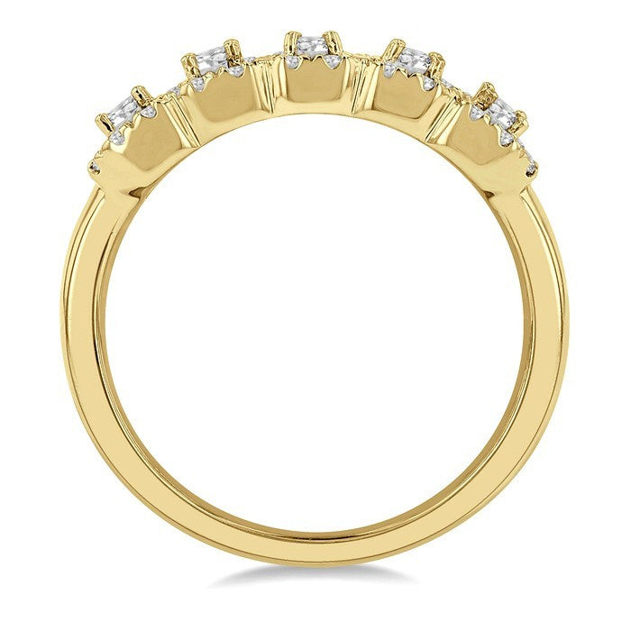 1 Ctw Emerald Shape 5 Stone Emerald & Round Cut Diamond Halo Wedding Band in 14K Yellow Gold