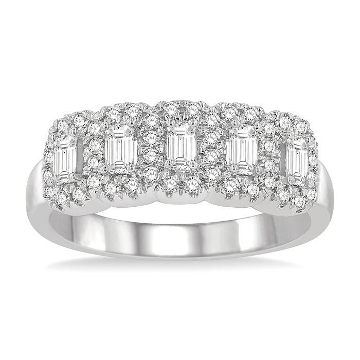 1 Ctw Emerald Shape 5 Stone Emerald & Round Cut Diamond Halo Wedding Band in 14K White Gold