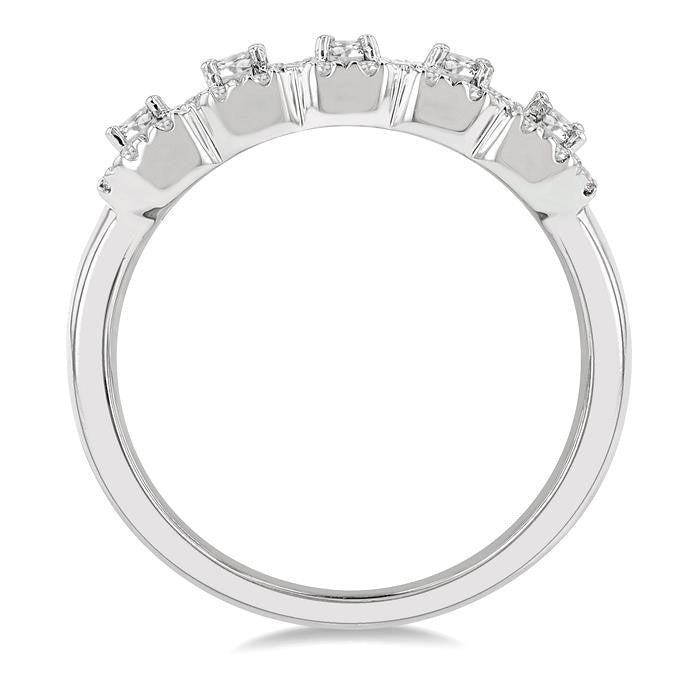 1 Ctw Emerald Shape 5 Stone Emerald & Round Cut Diamond Halo Wedding Band in 14K White Gold