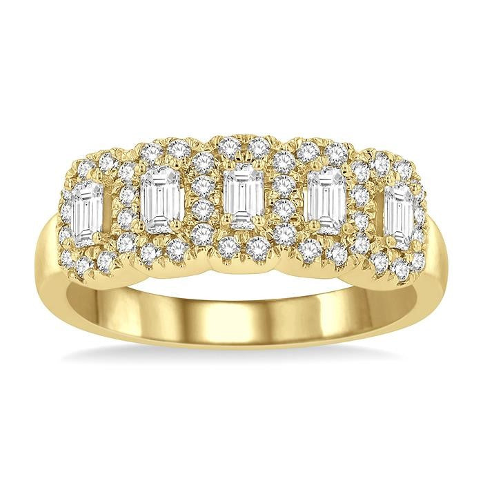 1 Ctw Octagonal Shape 5 Stone Emerald & Round Cut Diamond Halo Wedding Band in 14K Yellow Gold