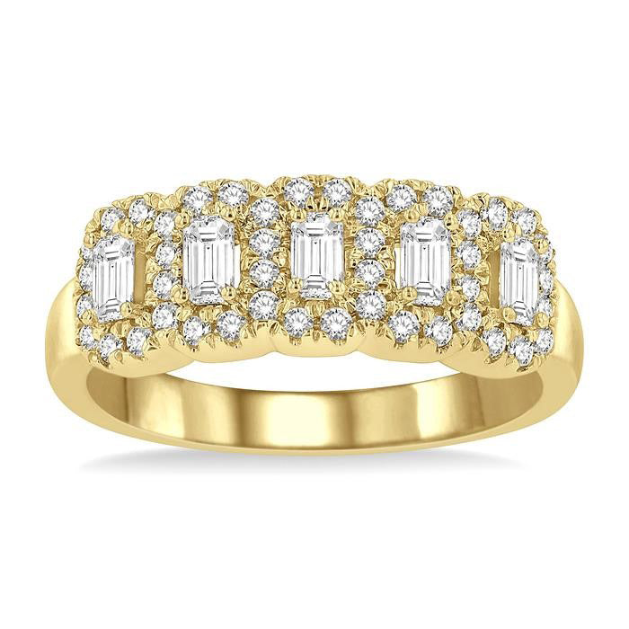 Emerald Shape 5 Stone Halo Half Eternity Diamond Wedding Band