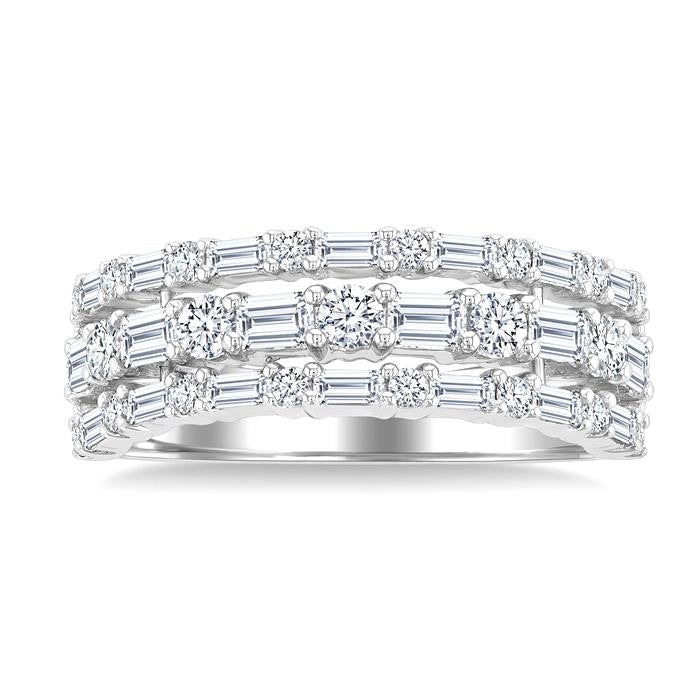 1 1/2 Ctw Triple Row Emerald, Baguette and Round Cut Diamond Fashion Band in 14K White Gold