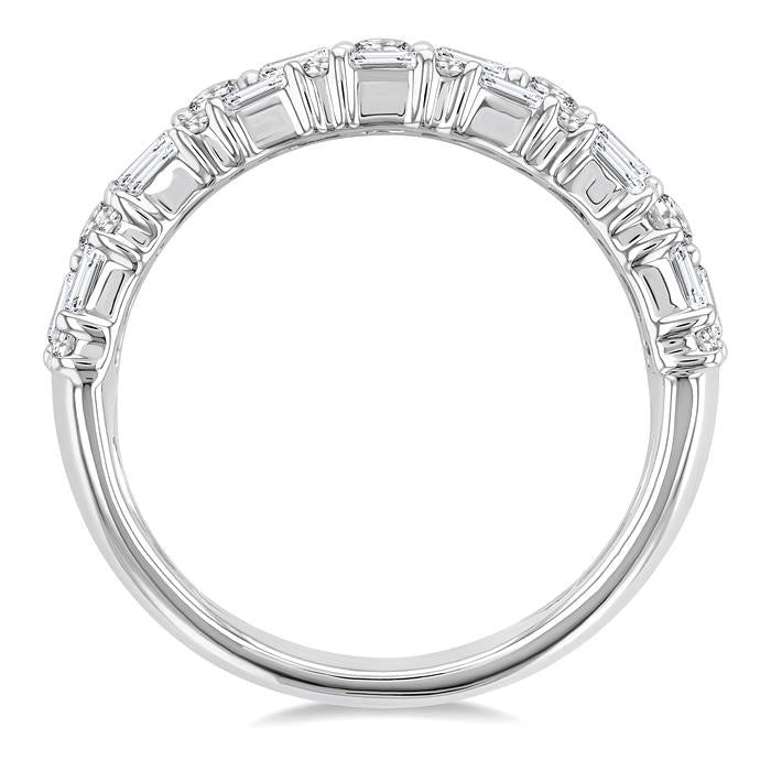 1 1/2 Ctw Triple Row Emerald, Baguette and Round Cut Diamond Fashion Band in 14K White Gold