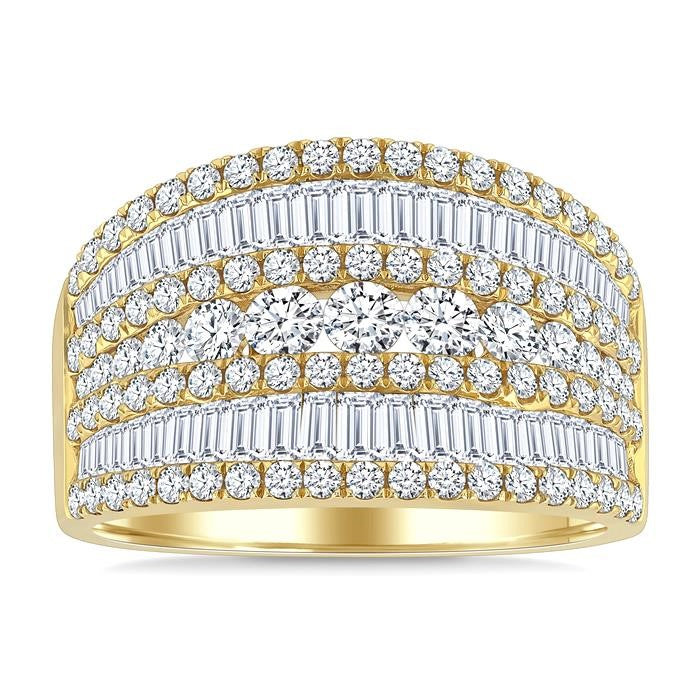 2 Ctw Split Middle Baguette and Round Cut Diamond Fashion Wide Band in 14K Yellow Gold