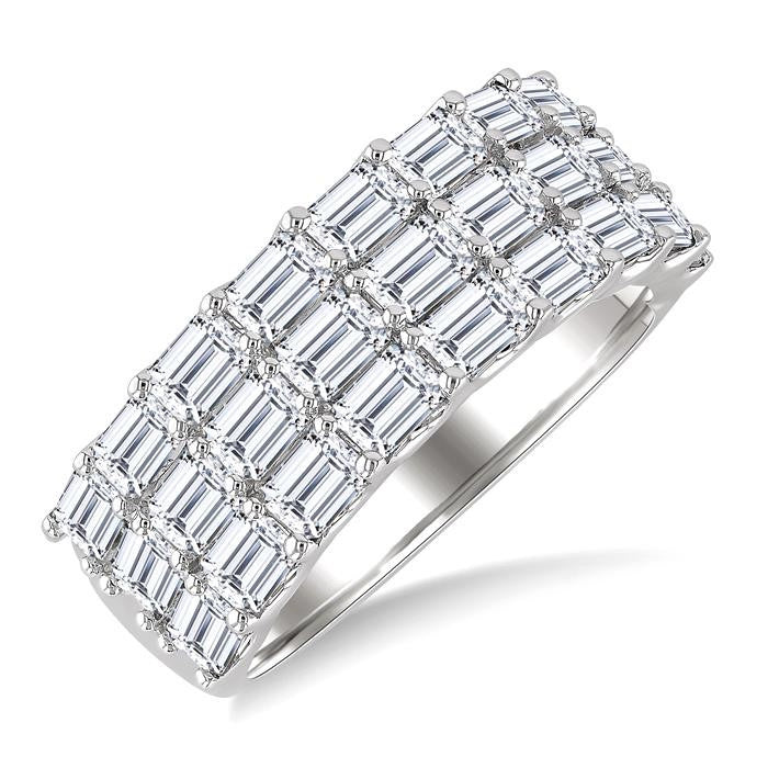3 Ctw Triple Row Emerald Cut Diamond Fashion Wide Band in 14K White Gold