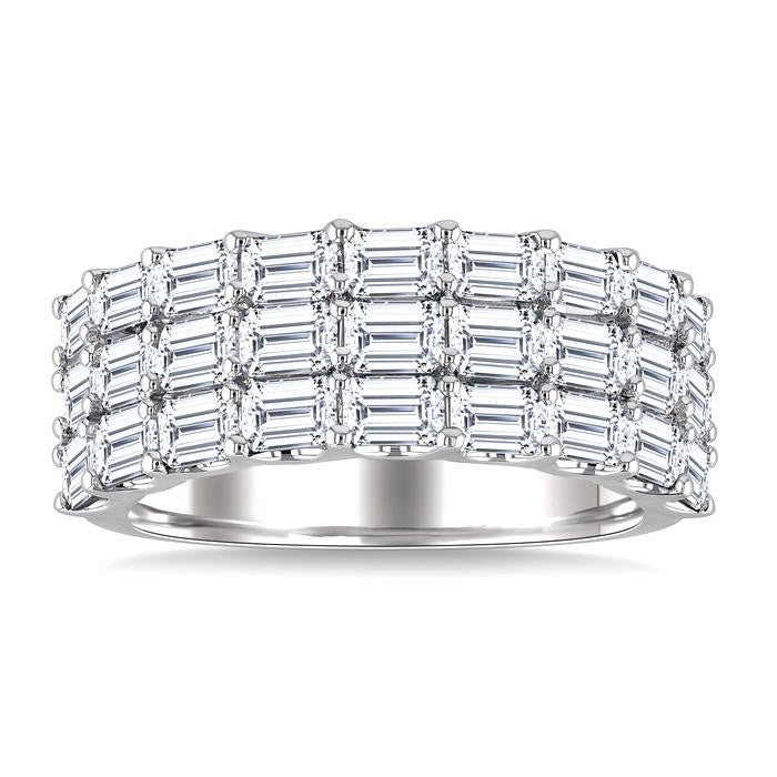 3 Ctw Triple Row Emerald Cut Diamond Fashion Wide Band in 14K White Gold