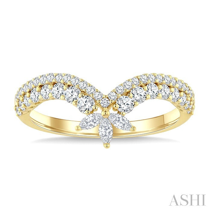 1/2 Ctw Twin Row Marquise and Round Cut Diamond Chevron Ring in 14K Yellow Gold