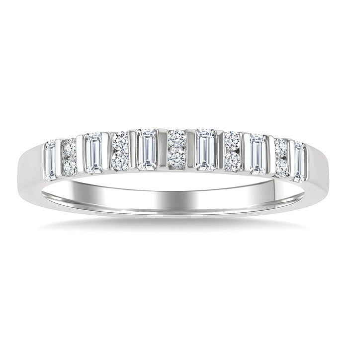 1/4 Ctw Vertically Aligned Baguette and Round Cut Diamond Stackable Fashion Band in 10K White Gold