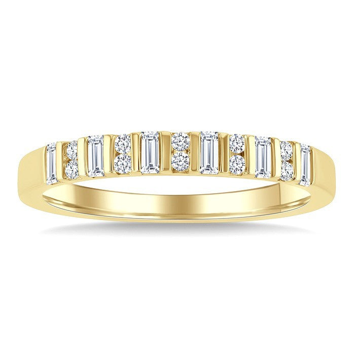 1/4 Ctw Vertically Aligned Baguette and Round Cut Diamond Stackable Fashion Band in 10K Yellow Gold