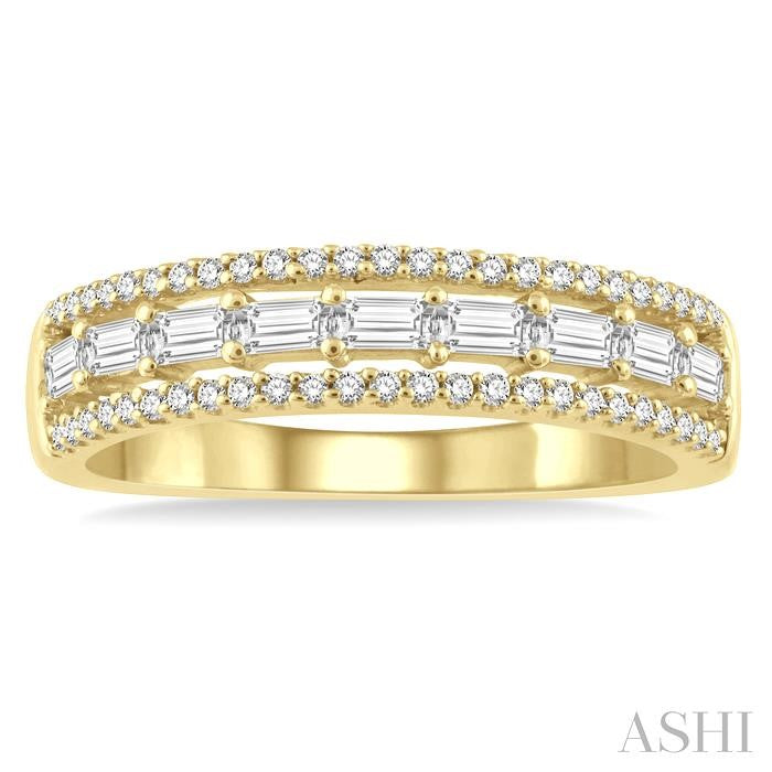 1/2 Ctw Triple Row Baguette and Round Cut Diamond Fashion Band in 14K Yellow Gold