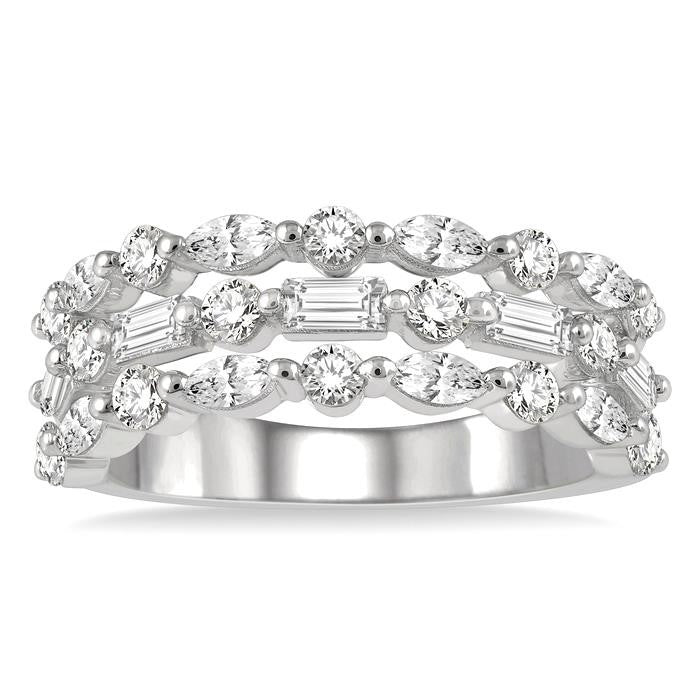 1 1/2 Ctw Triple Row Baguette, Marquise and Round Cut Diamond Fashion Band in 14K White Gold