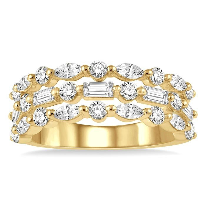 1 1/2 Ctw Triple Row Baguette, Marquise and Round Cut Diamond Fashion Band in 14K Yellow Gold