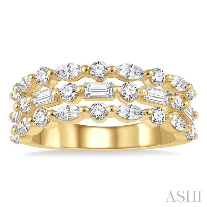 1 1/2 Ctw Triple Row Baguette, Marquise and Round Cut Diamond Fashion Band in 14K Yellow Gold