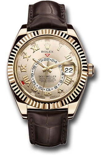 *Pre-Owned* Rolex Yellow Gold Sky-Dweller Watch - Silver Sunray Roman Dial - Brown Leather Strap