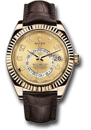 *Pre-Owned* Rolex Yellow Gold Sky-Dweller Watch - Champagne Arabic Dial - Brown Leather Strap