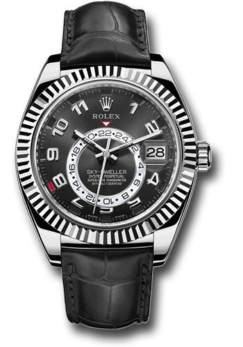*Pre-Owned* Rolex White Gold Sky-Dweller Watch - Black Arabic Dial - Black Leather Strap