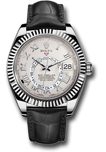 *Pre-Owned* Rolex White Gold Sky-Dweller Watch - Ivory Roman Dial - Black Leather Strap