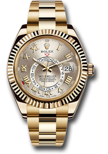 *Pre-Owned* Rolex Yellow Gold Sky-Dweller Watch - Silver Sunray Roman Dial - Gold Bracelet