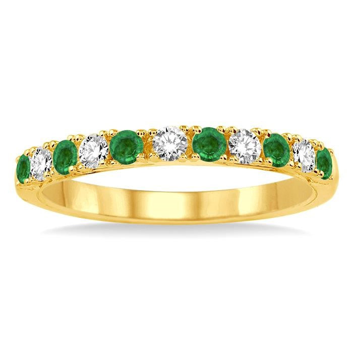 2.2 MM Round Cut Emerald and 1/5 Ctw Round Cut Diamond Precious Band in 14K Yellow Gold