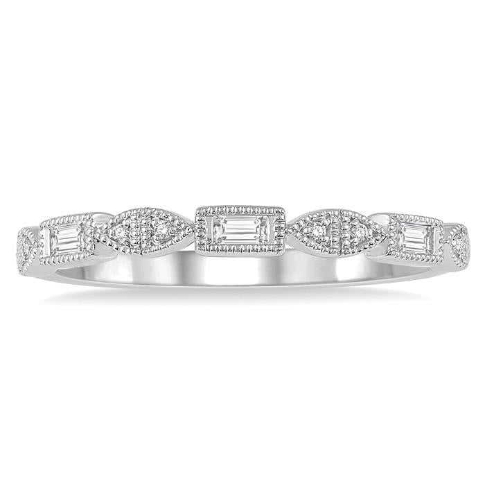 1/10 Ctw Baguette & Round Cut Diamond Stackable Band in 14K White Gold