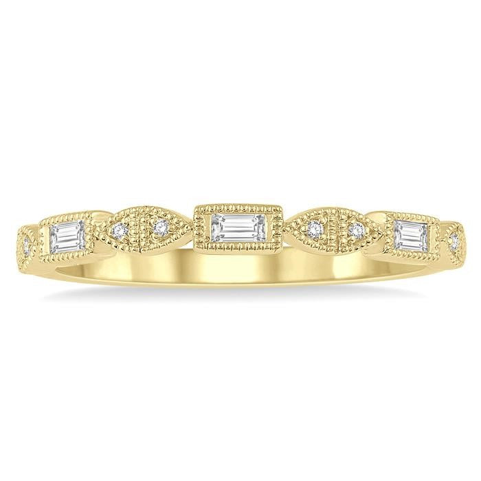 1/10 Ctw Baguette & Round Cut Diamond Stackable Band in 14K Yellow Gold