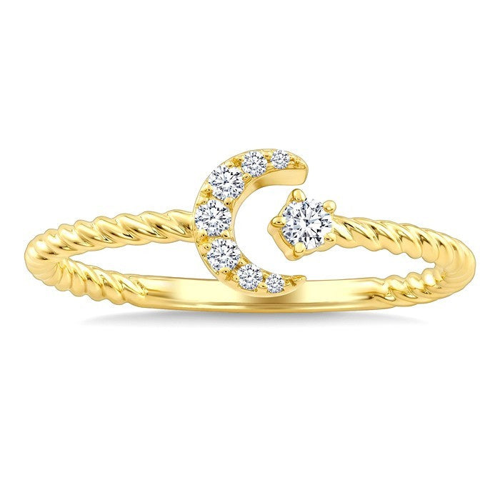 1/10 Ctw Crescent Moon & Star Round Cut Diamond Stackable Fashion Ring in 10K Yellow Gold