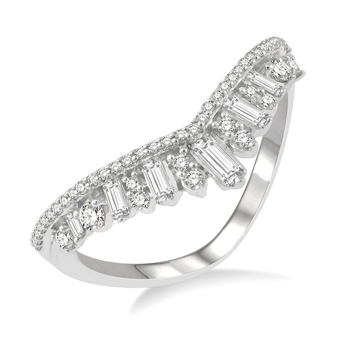 1/2 Ctw Chevron Drop Down Baguette and Round Cut Diamond Fashion Ring in 14K White Gold