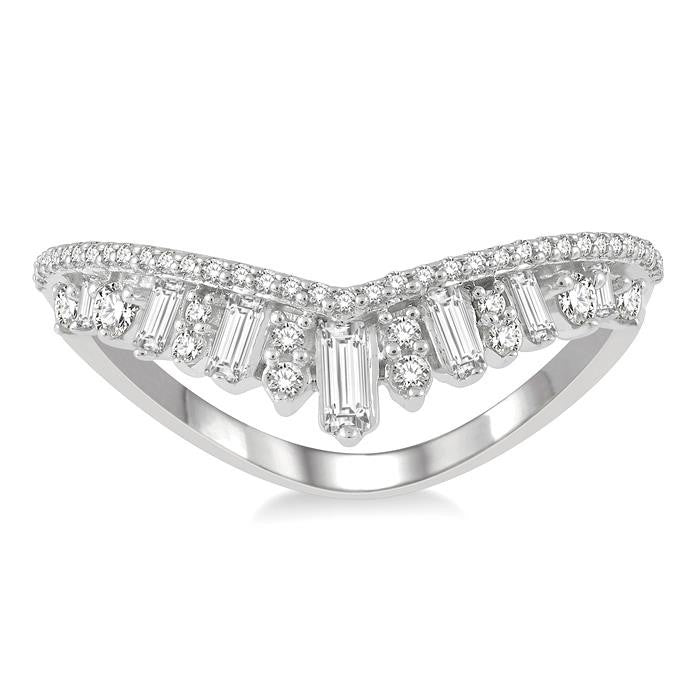 1/2 Ctw Chevron Drop Down Baguette and Round Cut Diamond Fashion Ring in 14K White Gold