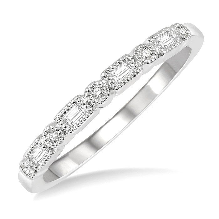 1/10 Ctw Lattice Baguette and Round Cut Diamond Stackable Band in 14K White Gold