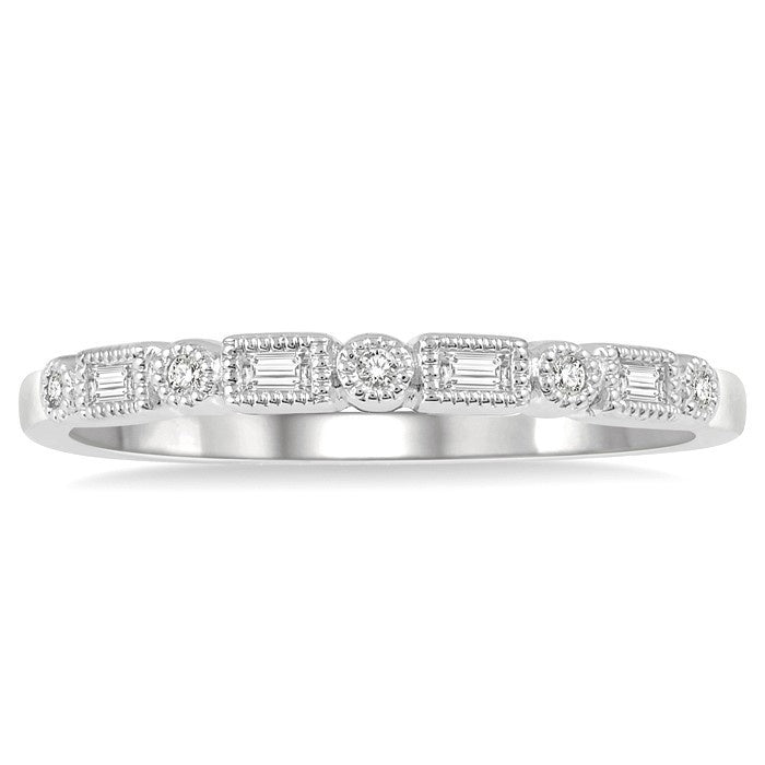 1/10 Ctw Lattice Baguette and Round Cut Diamond Stackable Band in 14K White Gold