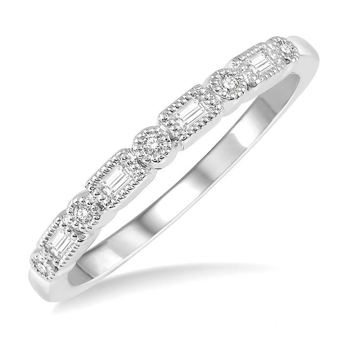 1/10 Ctw Lattice Baguette and Round Cut Diamond Stackable Band in 14K White Gold