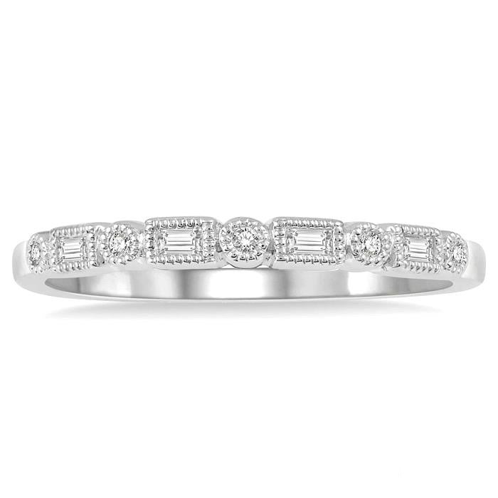 1/10 Ctw Lattice Baguette and Round Cut Diamond Stackable Band in 14K White Gold