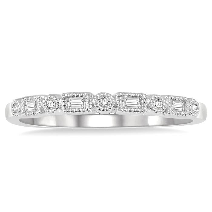 1/10 Ctw Lattice Baguette and Round Cut Diamond Stackable Band in 14K White Gold