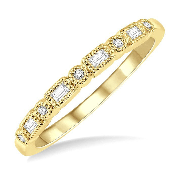 1/10 Ctw Lattice Baguette and Round Cut Diamond Stackable Band in 14K Yellow Gold