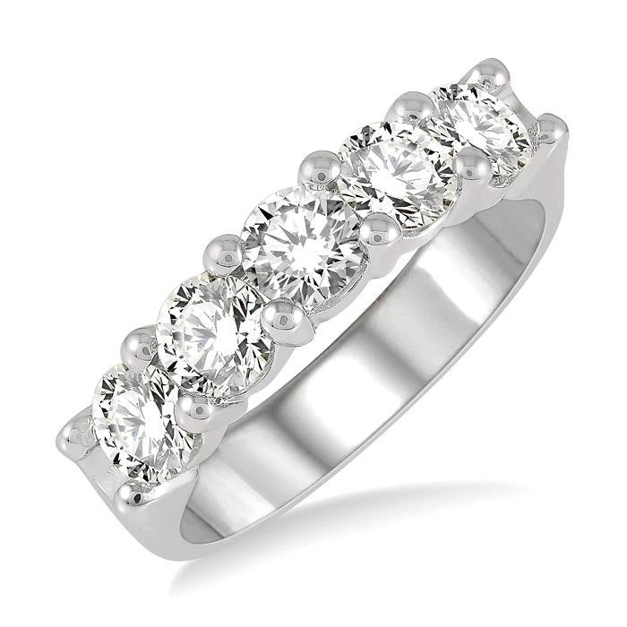 2 Ctw 5 Stone Round Cut Diamond Wedding Band in 14K White Gold