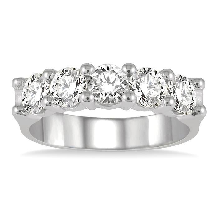 2 Ctw 5 Stone Round Cut Diamond Wedding Band in 14K White Gold