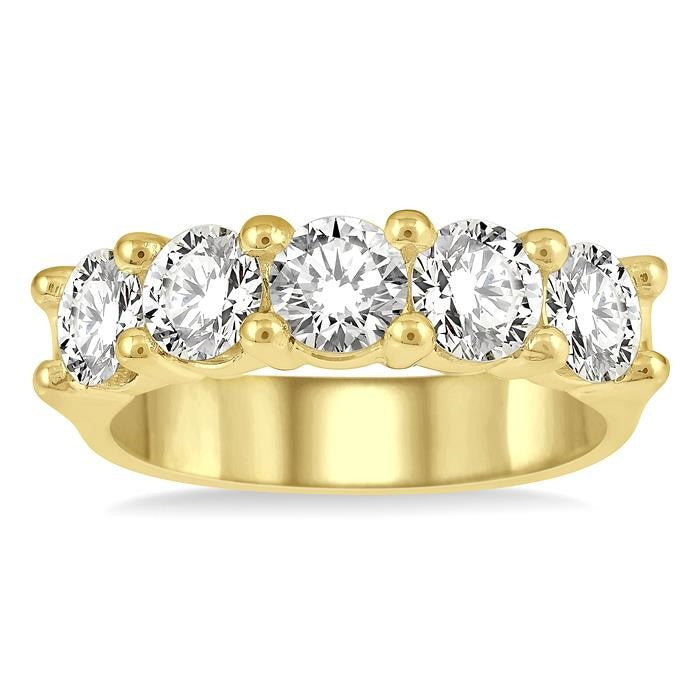 2 Ctw 5 Stone Round Cut Diamond Wedding Band in 14K Yellow Gold