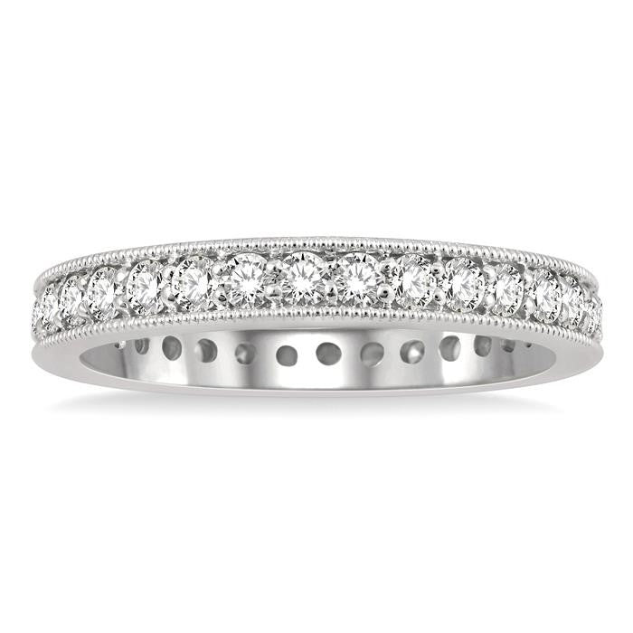 1 Ctw Milgrain Bordered Round Cut Diamond Eternity Wedding Band in 14K White Gold