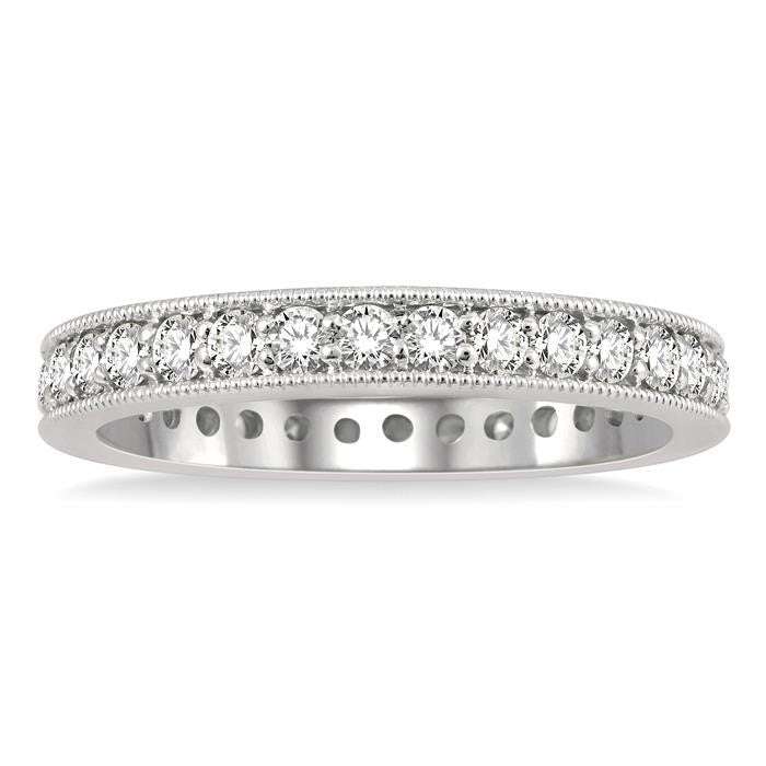 1 Ctw Milgrain Bordered Round Cut Diamond Eternity Wedding Band in 14K White Gold