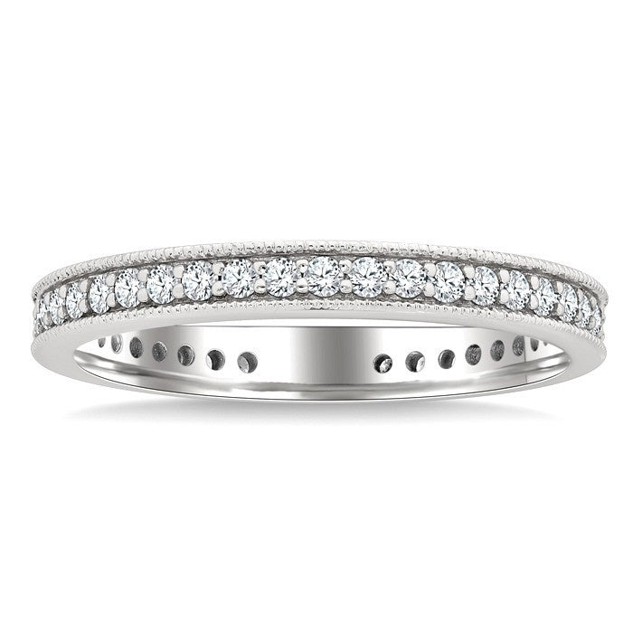 1/2 Ctw Milgrain Bordered Round Cut Diamond Eternity Wedding Band in 14K White Gold