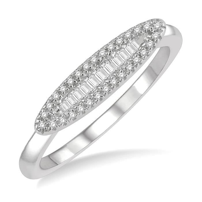 1/5 Ctw Pod Center Baguette and Round Cut Diamond Stackable Petite Fashion Ring in 10K White Gold